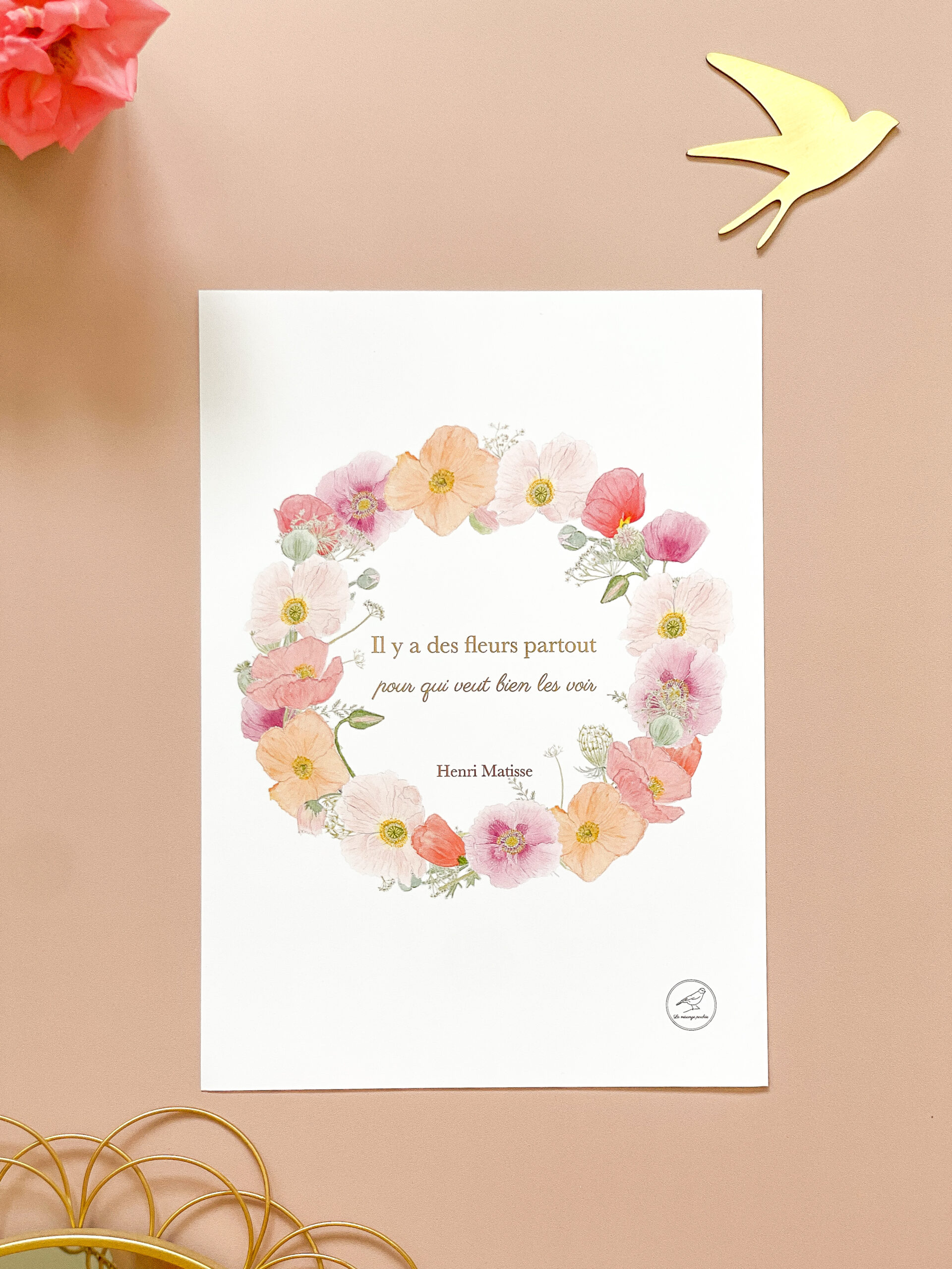 Affiche aquarelle Couronne de fleurs - La mésange perchée